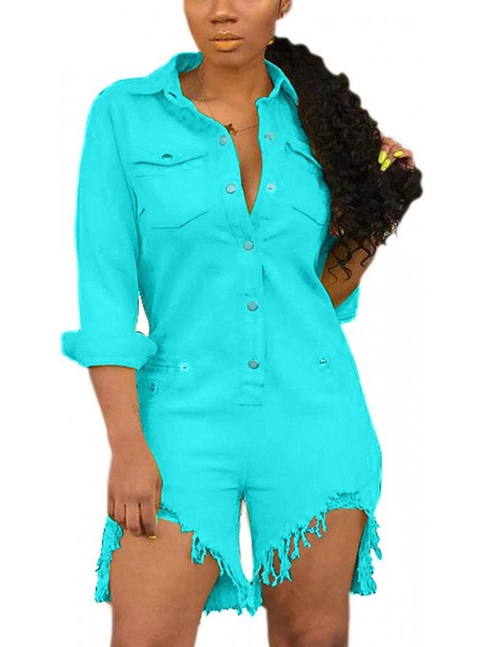 Denim Jumpsuit for Women Casual Long Sleeve Jean Pants Rompers with Zipper Pockets 