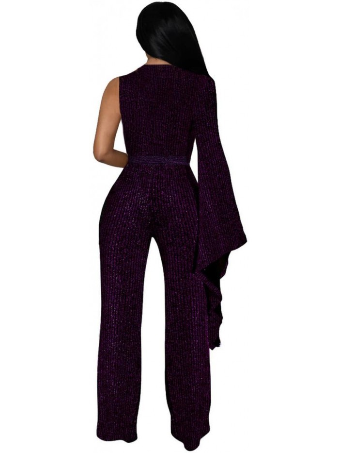 Sparkly Jumpsuit for Women Clubwear Sexy V-Neck Long Sleeve Jumpsuit Long Straight Pants with Belt 